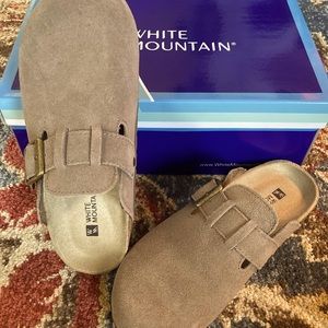 Tan suede mules. Excellent condition, never worn. Size 6. White Mountain.